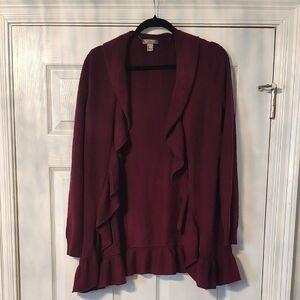 Charter Club Cashmere Maroon Ruffle-Front Open Cardigan
